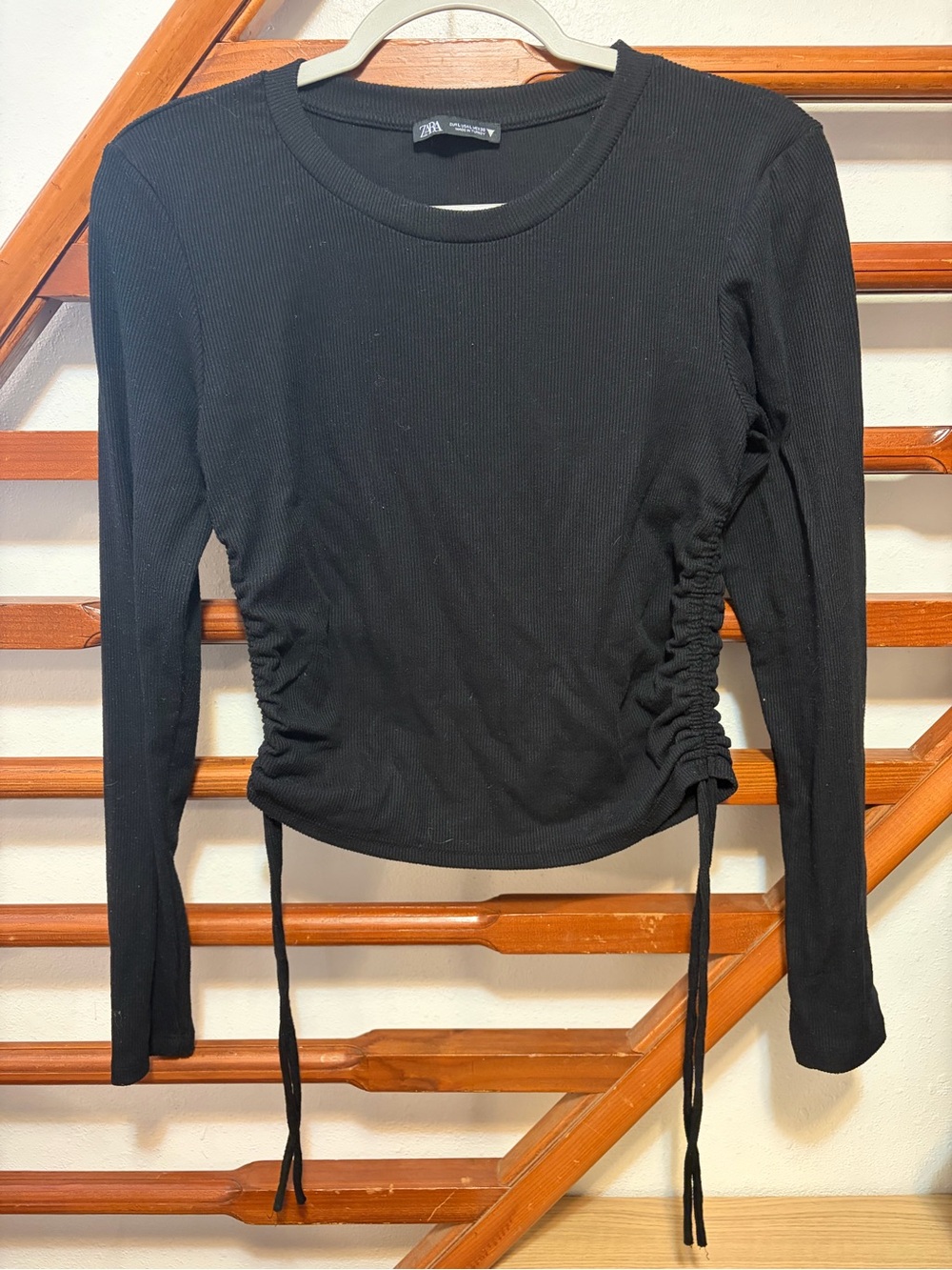 Zara Black Ribbed Long Sleeve Top with Side Drawstrings